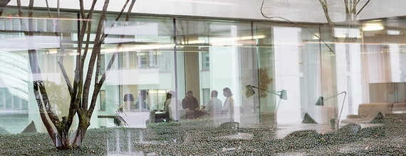 Foto de um ambiente moderno com paredes de vidro. Uma árvore de galhos à direita e à esquerda a silhueta de pessoas ao fundo. 